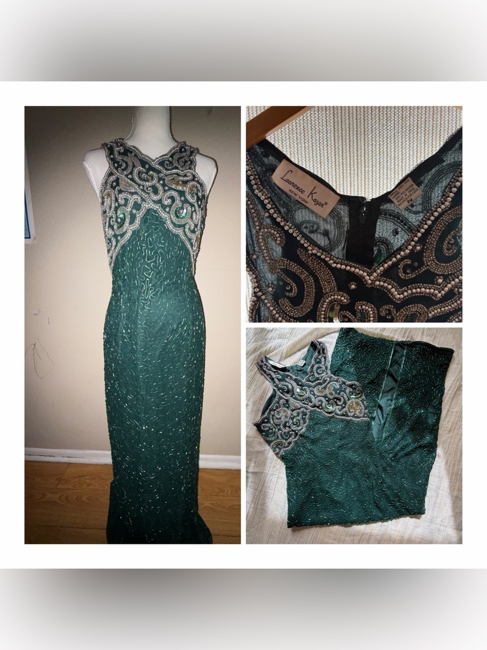 VTG Laurence Kazar Silk Beaded Gown Dress Emerald Green Sequin Prom PM Modern 4
